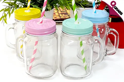 From QR35, Drink with Classic Cuteness with Glass Mason Jars & Matching Straws - Choose from 4 Vintage Colors! (Up to QR236 Value)